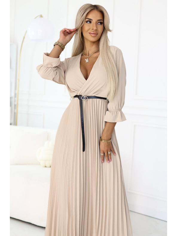 numoco 462-5 SERENA Plissiertes Maxi-Kleid mit Ausschnitt, Gürtel und 3/4-Ärmeln - DUNKEL BEIGE