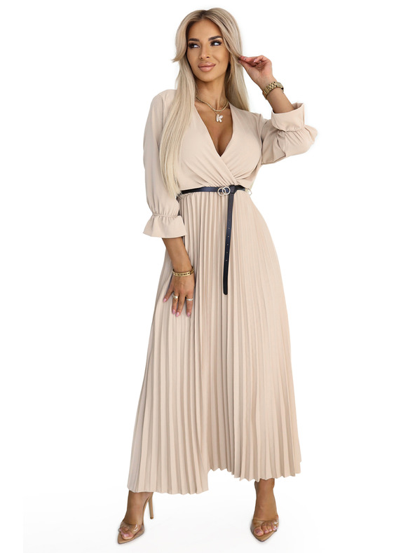 numoco 462-5 SERENA Plissiertes Maxi-Kleid mit Ausschnitt, Gürtel und 3/4-Ärmeln - DUNKEL BEIGE