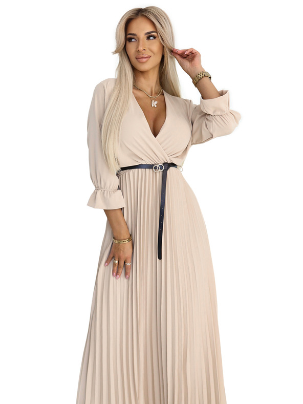 numoco 462-5 SERENA Plissiertes Maxi-Kleid mit Ausschnitt, Gürtel und 3/4-Ärmeln - DUNKEL BEIGE