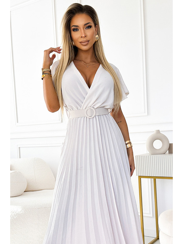 numoco 585-1 Plissiertes Sommer-Midi-Kleid mit Ausschnitt und breitem Gürtel - ecru
