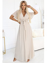 numoco 545-3 Langes Kleid mit plissiertem Ausschnitt und Bindung - beige