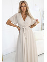 numoco 545-3 Langes Kleid mit plissiertem Ausschnitt und Bindung - beige