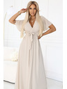 numoco 545-3 Langes Kleid mit plissiertem Ausschnitt und Bindung - beige