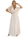 numoco 545-3 Langes Kleid mit plissiertem Ausschnitt und Bindung - beige