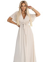 numoco 545-3 Langes Kleid mit plissiertem Ausschnitt und Bindung - beige