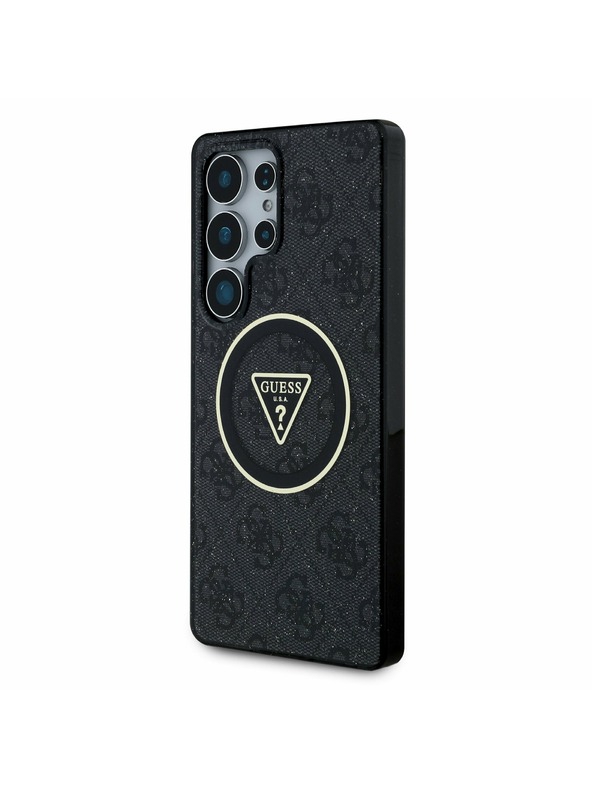 Guess IML 4G Glitzer und Dreiecks-Logo MagSafe Rückseite für Samsung Galaxy S25 Ultra Schwarz Handyhülle