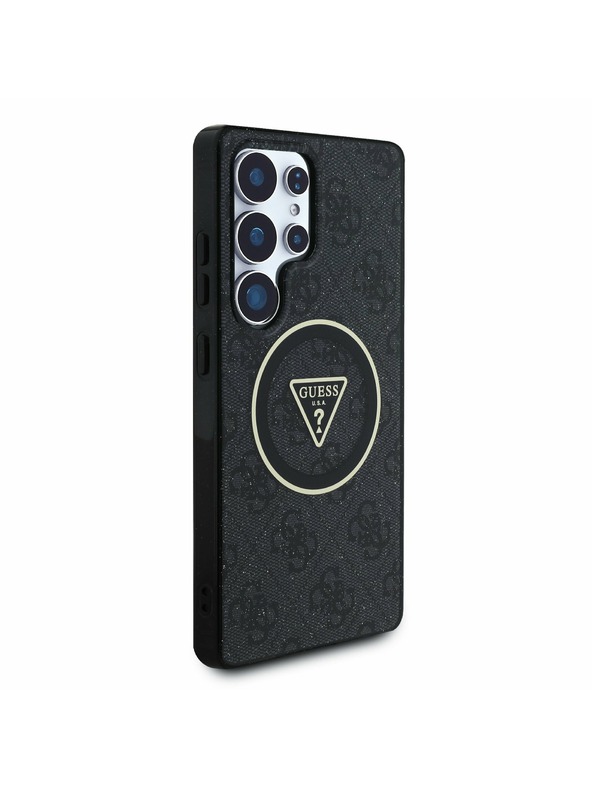 Guess IML 4G Glitzer und Dreiecks-Logo MagSafe Rückseite für Samsung Galaxy S25 Ultra Schwarz Handyhülle