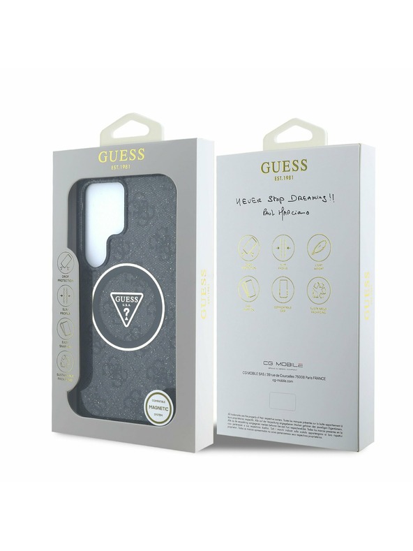 Guess IML 4G Glitzer und Dreiecks-Logo MagSafe Rückseite für Samsung Galaxy S25 Ultra Schwarz Handyhülle