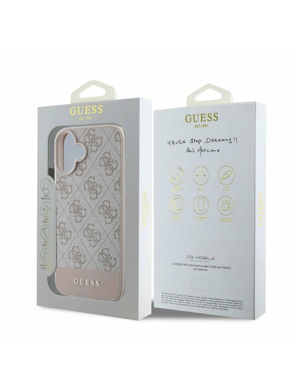 Guess PU 4G Stripe Rückseite für iPhone 16 Pink Handyhülle