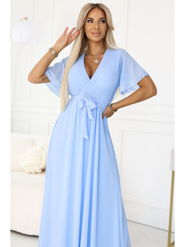 numoco 545-2 Langes Kleid mit plissiertem Ausschnitt und Bindung - hellblau