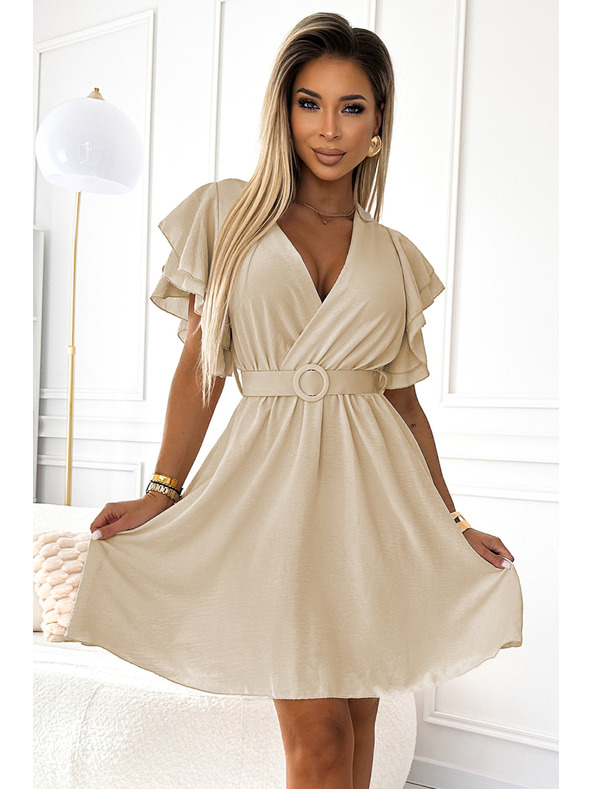 numoco Damen Kleid mit Umschlagkragen, Ärmeln und Gürtel - beige