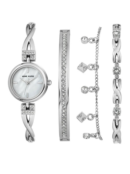 Anne Klein Silbernes Damen-Uhr- und Schmuck-Set Anne Klein