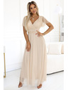 numoco 562-6 NASTIA Langes Kleid mit V-Ausschnitt und kurzen Ärmeln - beige