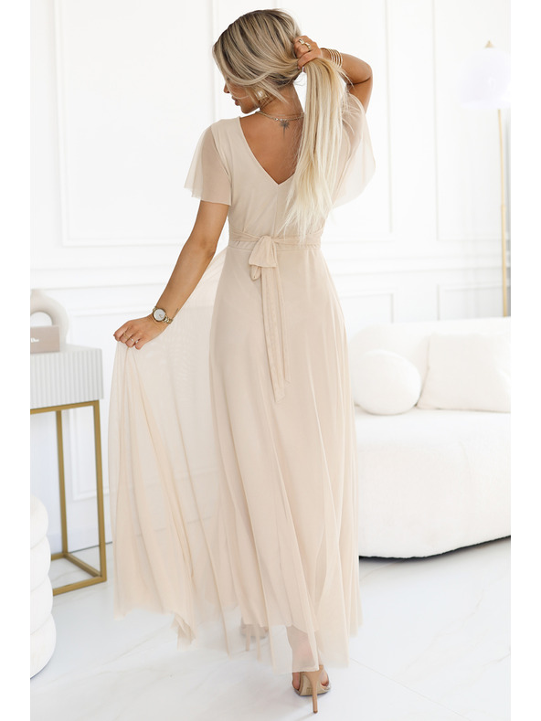 numoco 562-6 NASTIA Langes Kleid mit V-Ausschnitt und kurzen Ärmeln - beige