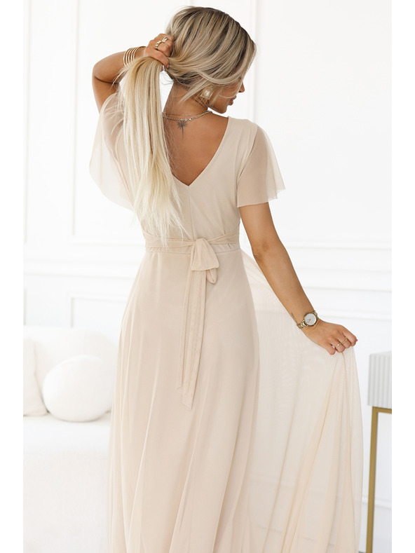 numoco 562-6 NASTIA Langes Kleid mit V-Ausschnitt und kurzen Ärmeln - beige