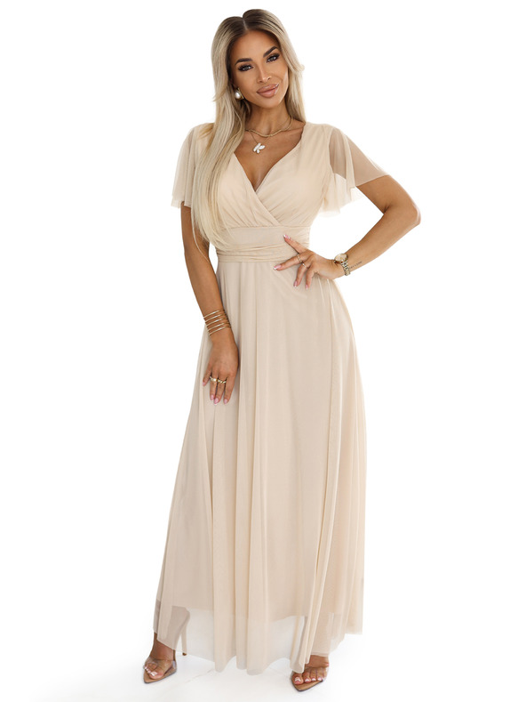 numoco 562-6 NASTIA Langes Kleid mit V-Ausschnitt und kurzen Ärmeln - beige