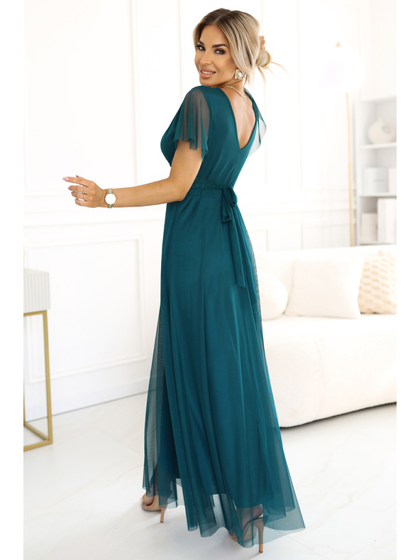 numoco 562-4 NASTIA Langes Kleid mit V-Ausschnitt und kurzen Ärmeln - grün