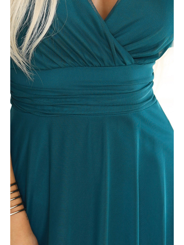 numoco 562-4 NASTIA Langes Kleid mit V-Ausschnitt und kurzen Ärmeln - grün