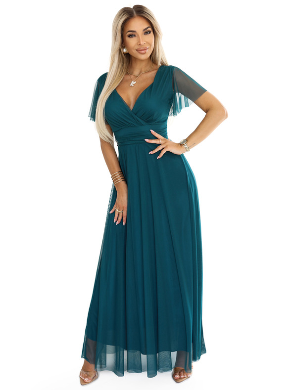 numoco 562-4 NASTIA Langes Kleid mit V-Ausschnitt und kurzen Ärmeln - grün