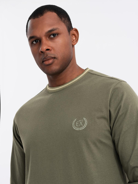 Ombre Clothing Herren-Langarm-T-Shirt aus Baumwolle, gestreiftem U-Ausschnitt und Stickerei Ombre Clothing