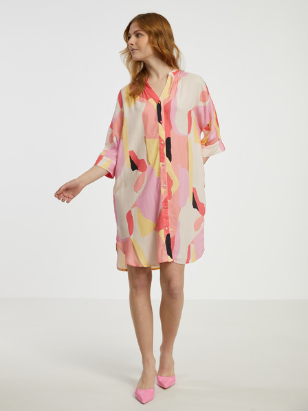 Fransa Cremefarbenes und rosafarbenes gemustertes Hemdblusenkleid für Damen Fransa